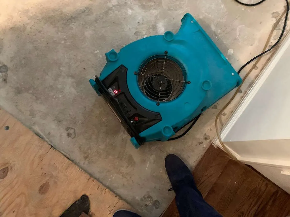 Air mover drying subfloor during Leak Detection & Repair in Slidell